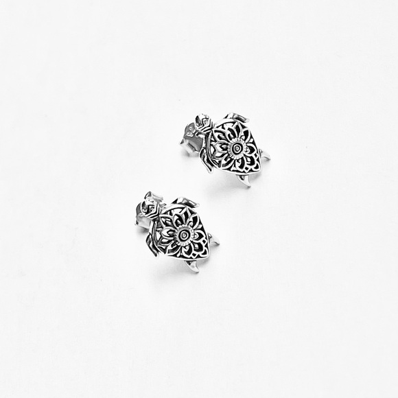 Sterling Silver Mandala Turtle Earring, Flower Earring, Animal Earrings, Turtles - Picture 8 of 13